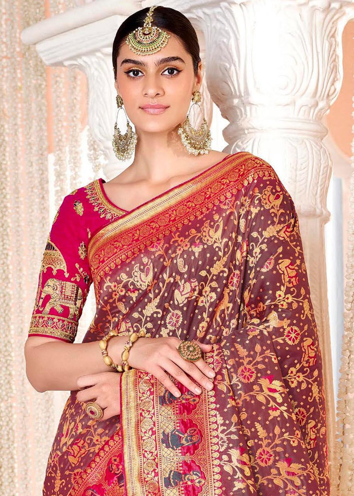 Saddle Brown Woven Banarasi Silk Saree with Embroidered Blouse | Stitched Blouse - qivii