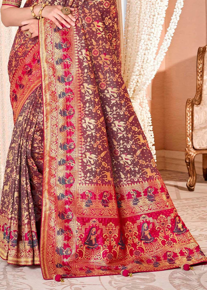 Saddle Brown Woven Banarasi Silk Saree with Embroidered Blouse | Stitched Blouse - qivii