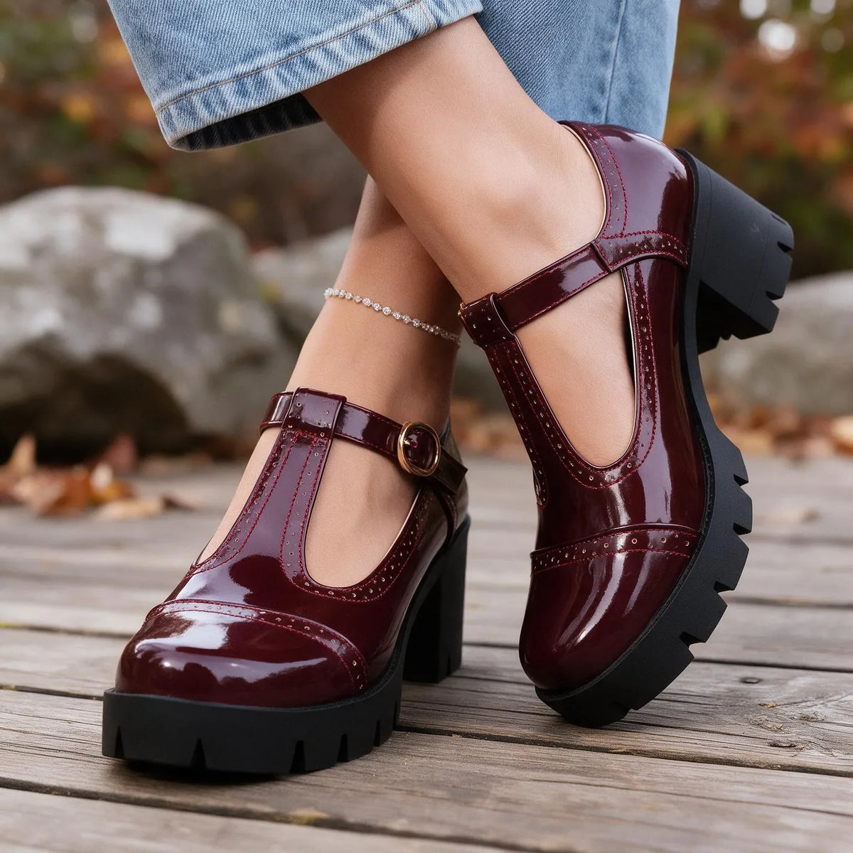 Wine red Sadie women's orthopedic Mary Jane heels by Hudson Ridge, featuring a supportive design and classic style.