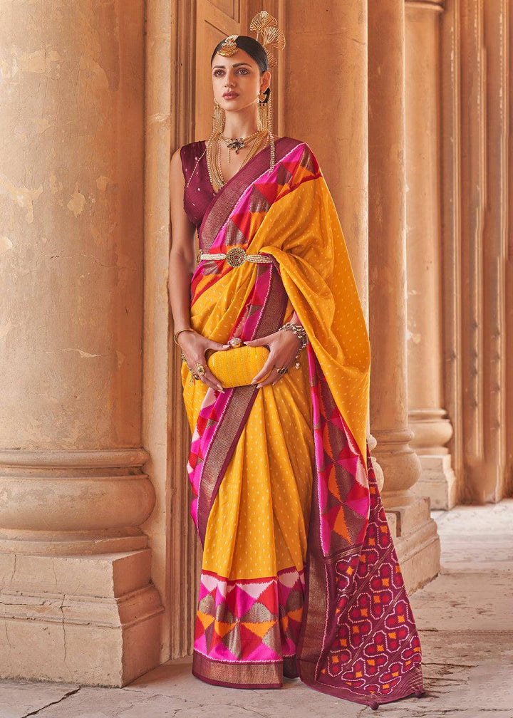 Saffron Yellow Designer Printed Silk Saree with Contrast Blouse & Pallu | Stitched Blouse - qivii