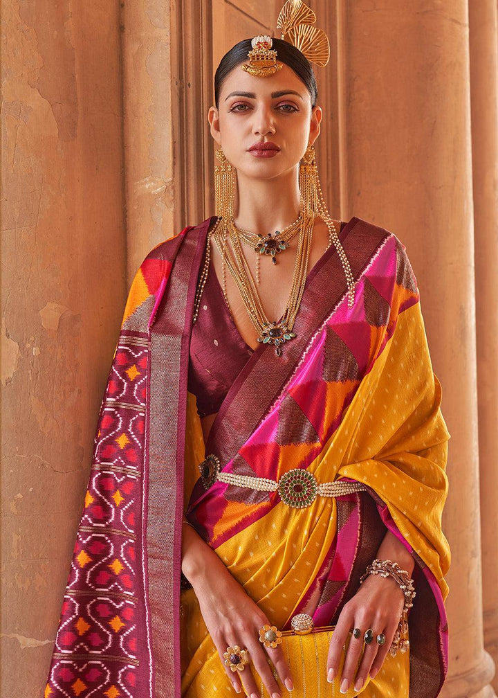 Saffron Yellow Designer Printed Silk Saree with Contrast Blouse & Pallu | Stitched Blouse - qivii