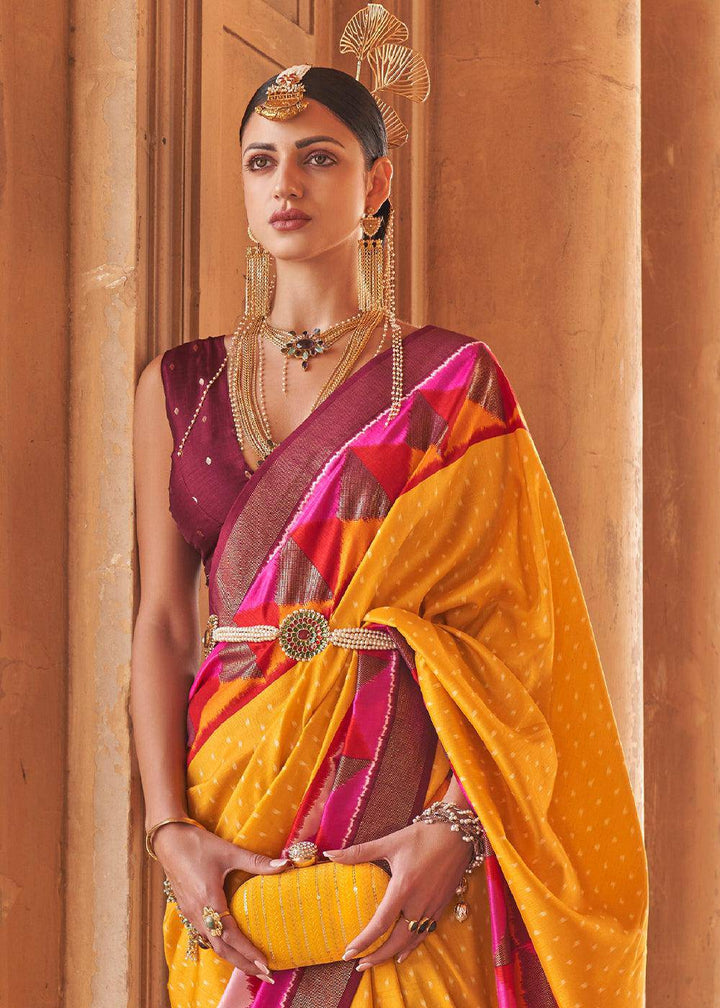 Saffron Yellow Designer Printed Silk Saree with Contrast Blouse & Pallu | Stitched Blouse - qivii