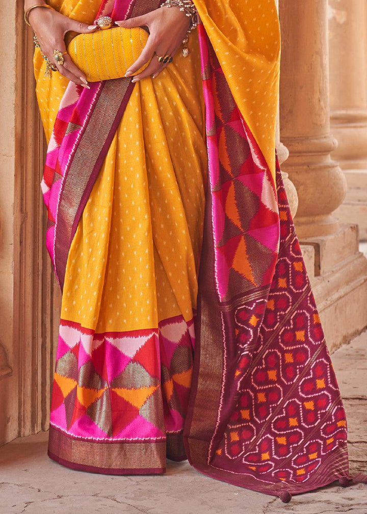 Saffron Yellow Designer Printed Silk Saree with Contrast Blouse & Pallu | Stitched Blouse - qivii