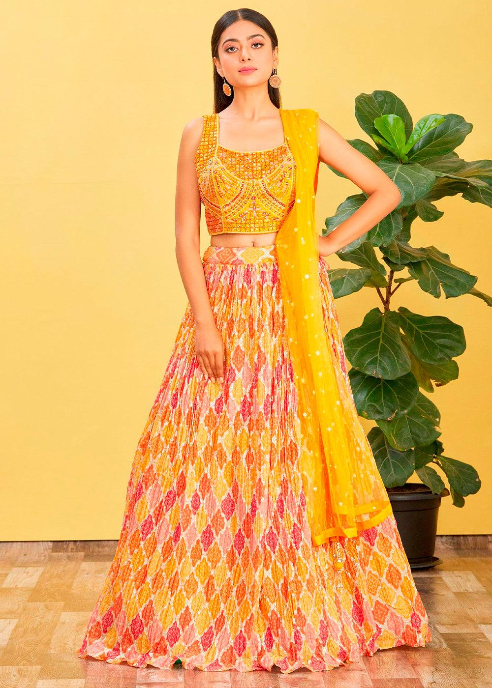 Saffron Yellow Digital Printed Chinnon Lehenga with Thread,Zari & Sequins Work - qivii