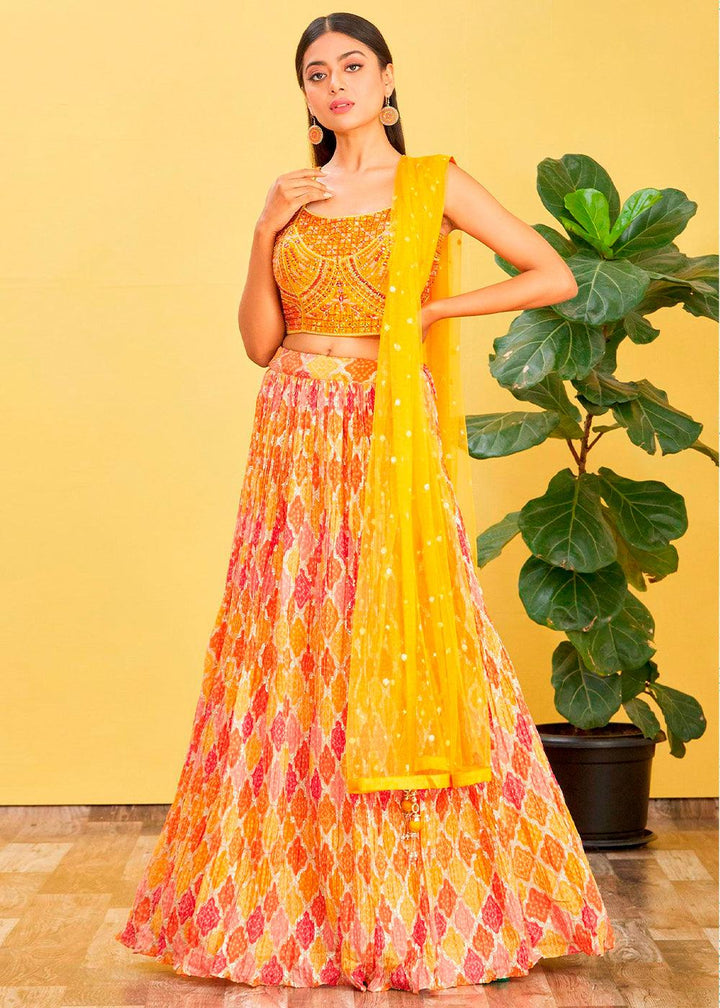 Saffron Yellow Digital Printed Chinnon Lehenga with Thread,Zari & Sequins Work - qivii