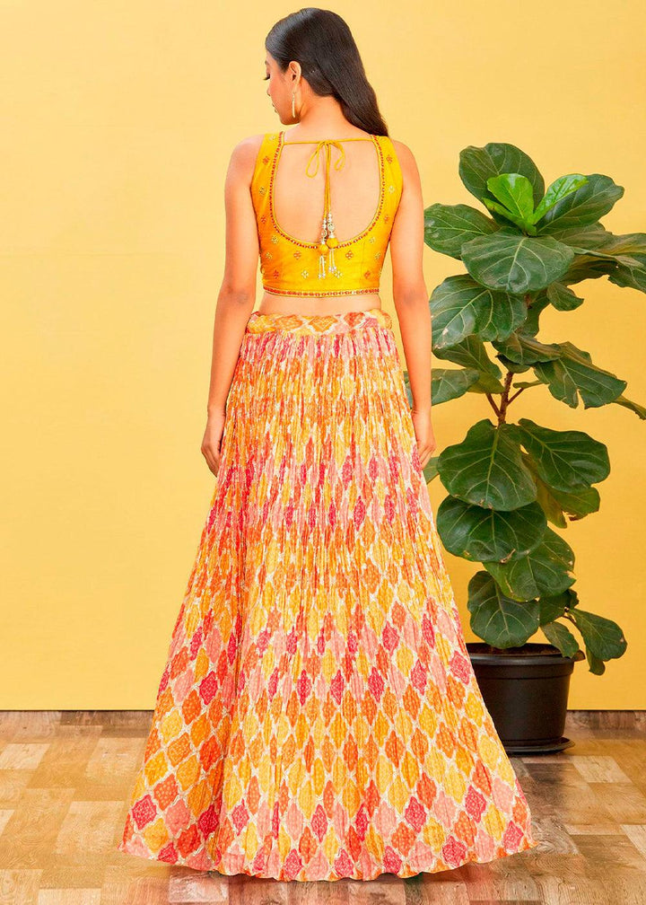 Saffron Yellow Digital Printed Chinnon Lehenga with Thread,Zari & Sequins Work - qivii