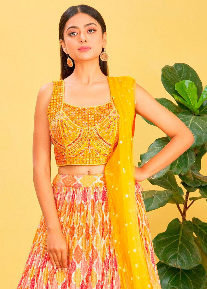 Saffron Yellow Digital Printed Chinnon Lehenga with Thread,Zari & Sequins Work - qivii