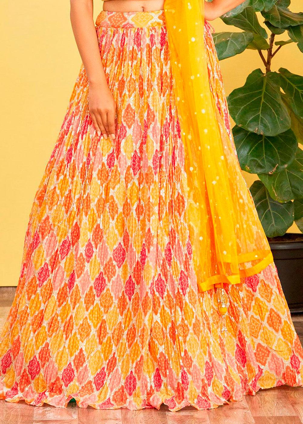 Saffron Yellow Digital Printed Chinnon Lehenga with Thread,Zari & Sequins Work - qivii