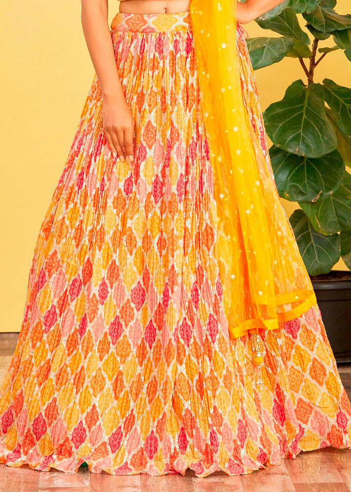 Saffron Yellow Digital Printed Chinnon Lehenga with Thread,Zari & Sequins Work - qivii