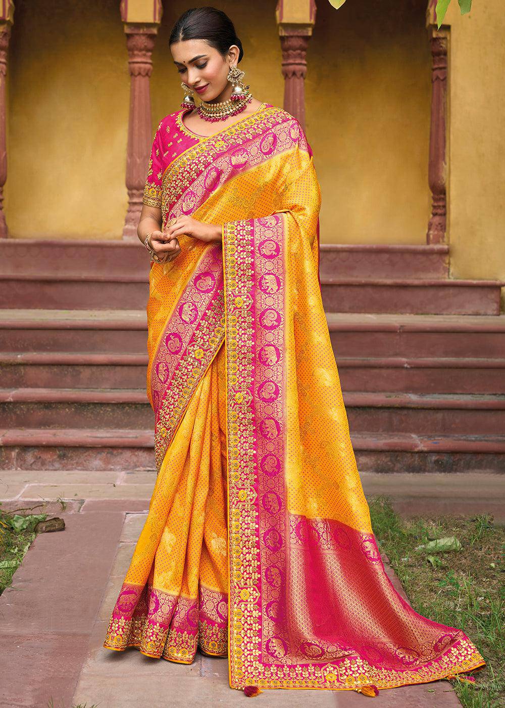 Saffron Yellow Dola Silk Saree with Beautiful Embroidery work: Wedding Edition | Stitched Blouse - qivii