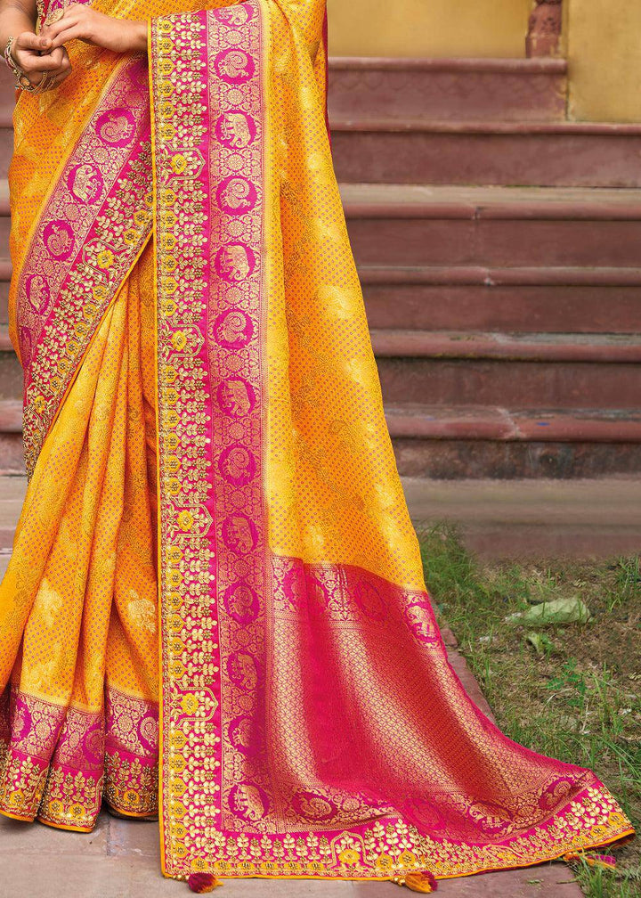 Saffron Yellow Dola Silk Saree with Beautiful Embroidery work: Wedding Edition | Stitched Blouse - qivii