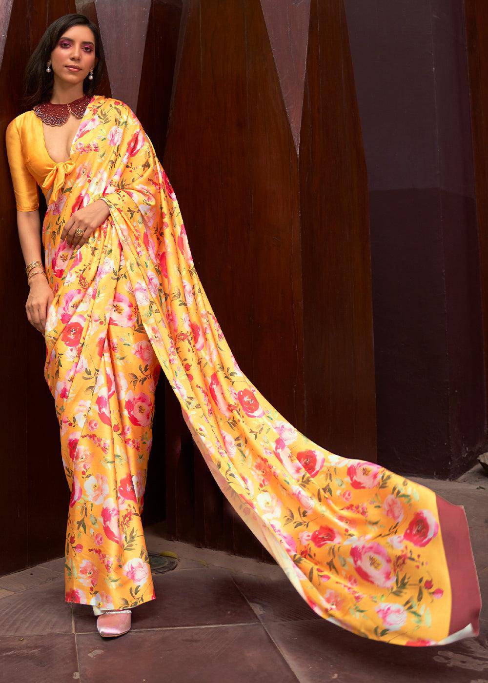 Saffron Yellow Floral Printed Satin Crepe Saree | Stitched Blouse - qivii