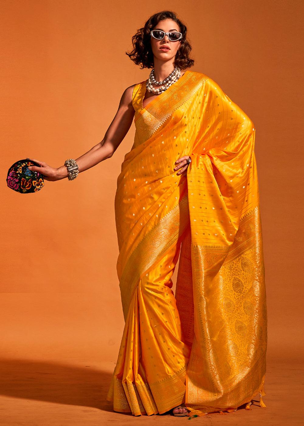 Saffron Yellow Handloom Woven Designer Satin Silk Saree - qivii