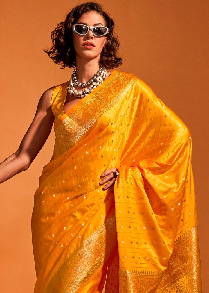 Saffron Yellow Handloom Woven Designer Satin Silk Saree - qivii