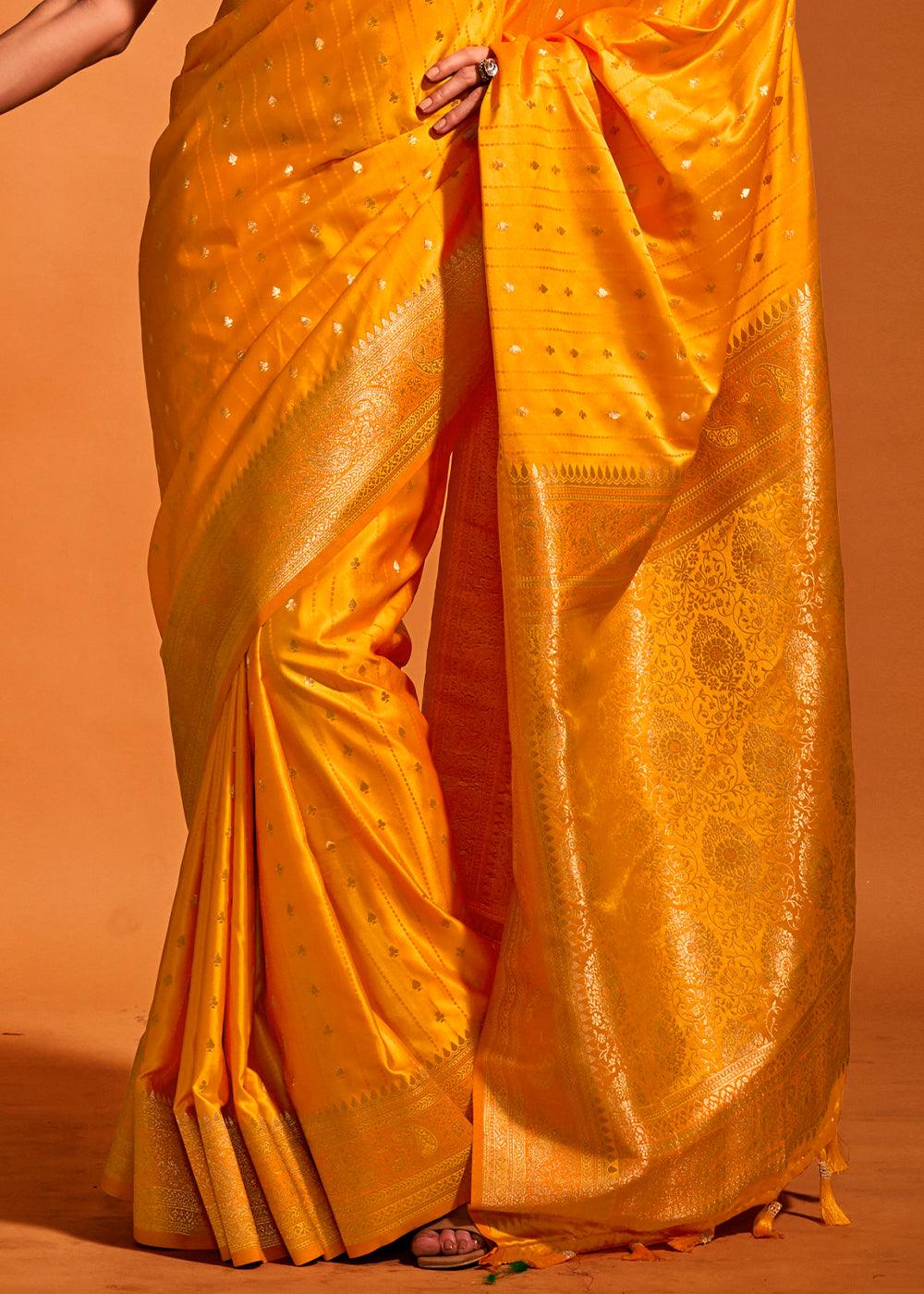 Saffron Yellow Handloom Woven Designer Satin Silk Saree - qivii