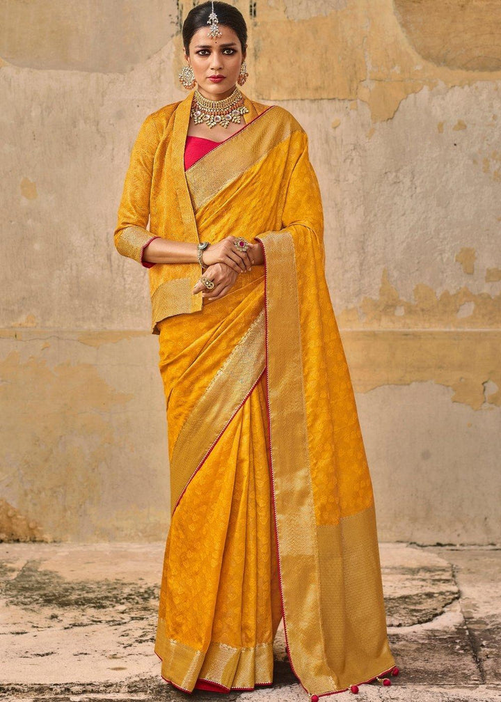 Saffron Yellow Jacquard Silk Saree with Zari Border & Pallu | Stitched Blouse - qivii