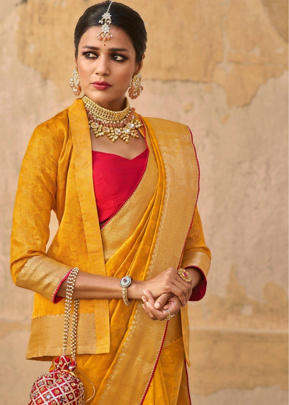 Saffron Yellow Jacquard Silk Saree with Zari Border & Pallu | Stitched Blouse - qivii