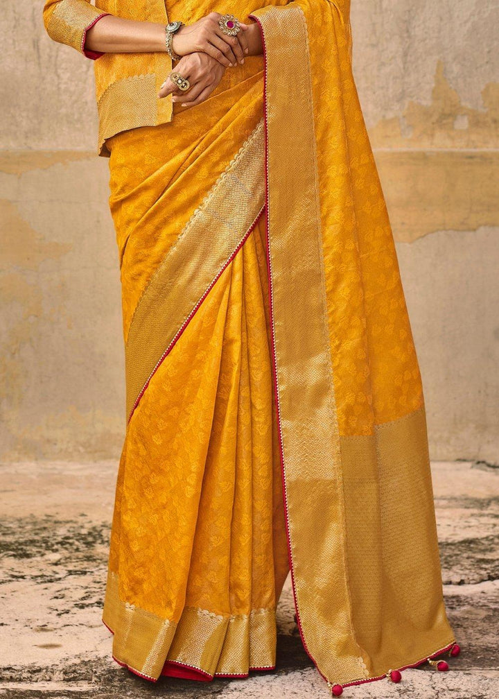 Saffron Yellow Jacquard Silk Saree with Zari Border & Pallu | Stitched Blouse - qivii