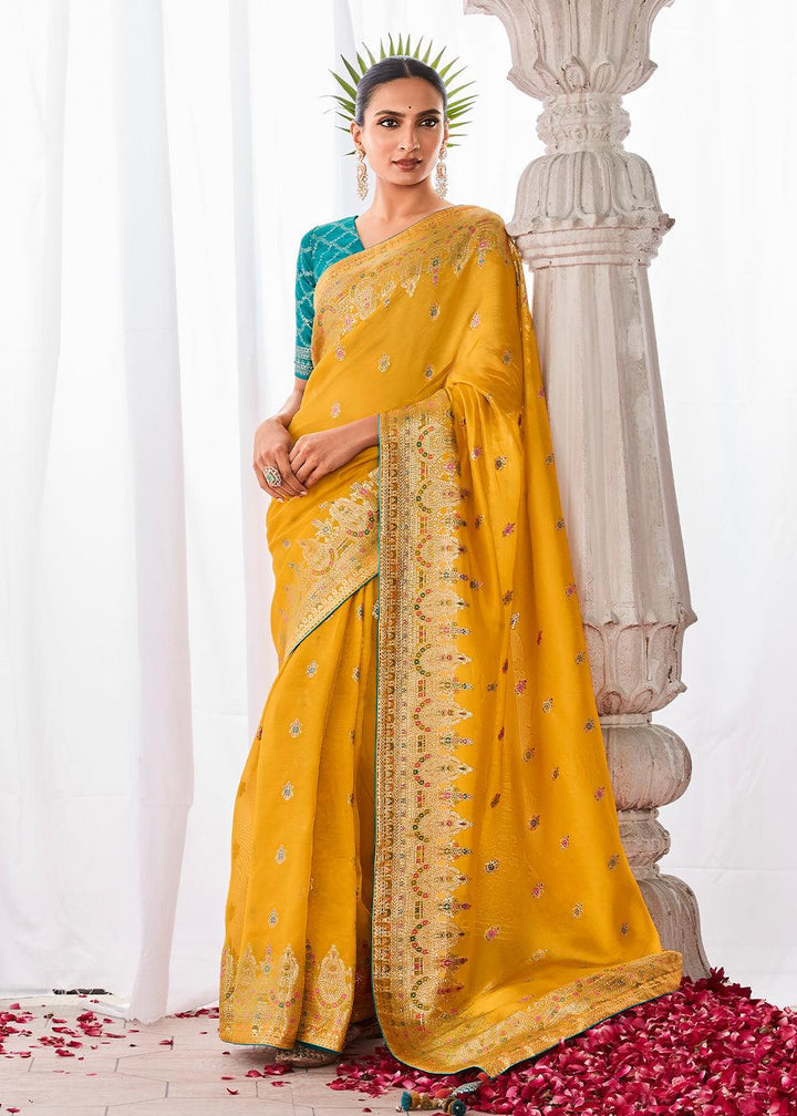 Saffron Yellow Kora Silk Saree with Meenakari Pallu & Designer Blouse - qivii