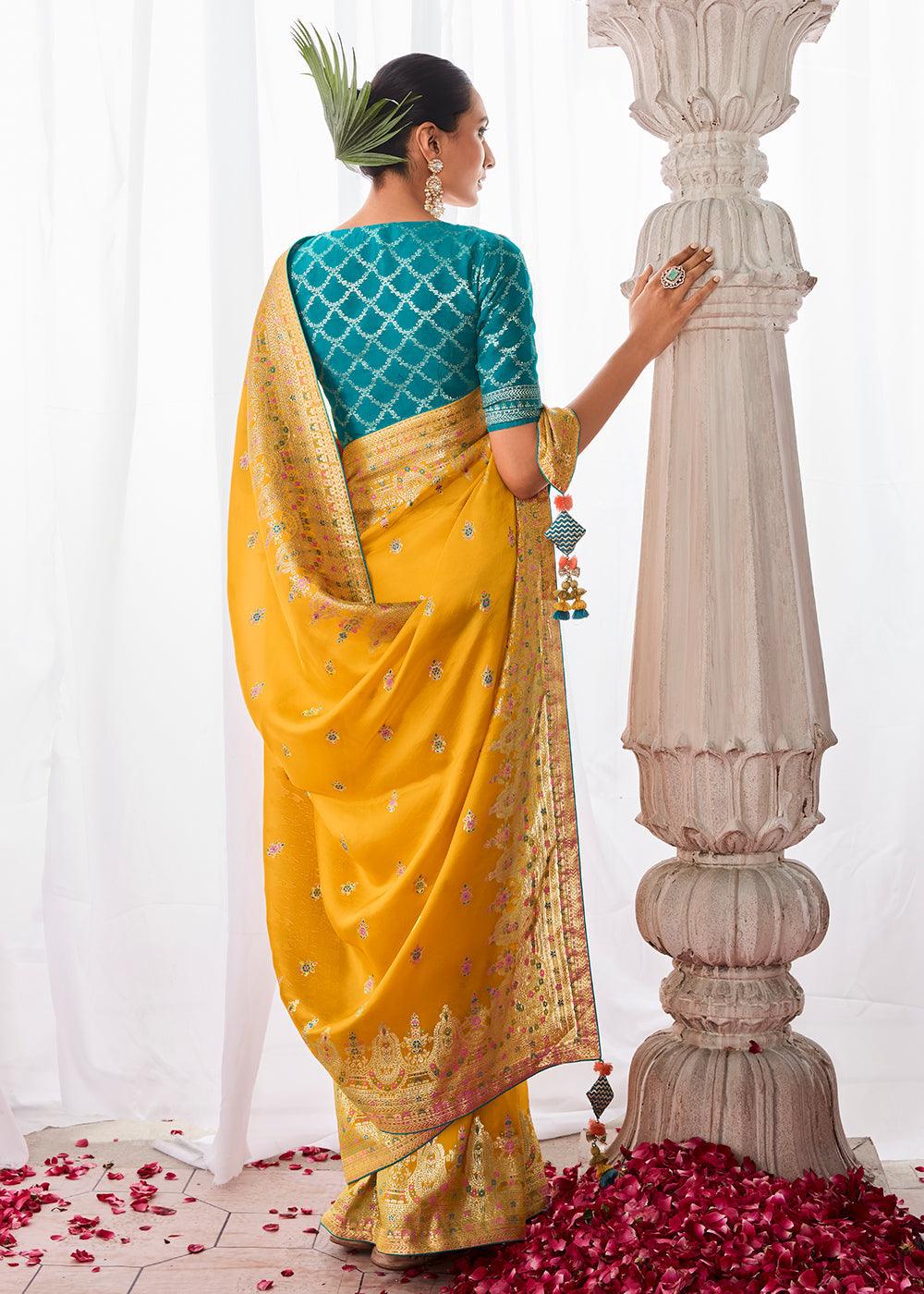 Saffron Yellow Kora Silk Saree with Meenakari Pallu & Designer Blouse - qivii