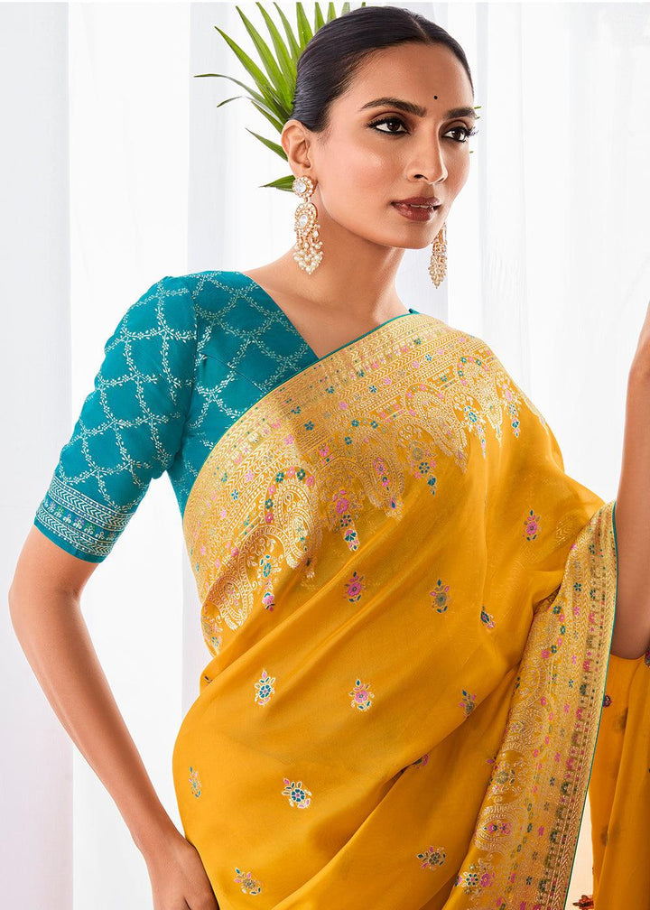 Saffron Yellow Kora Silk Saree with Meenakari Pallu & Designer Blouse - qivii