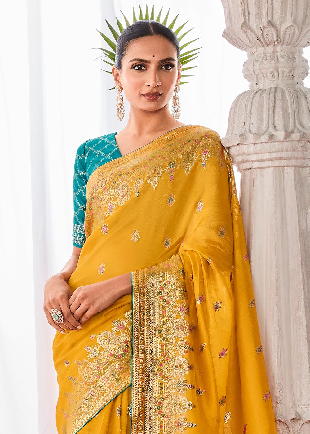 Saffron Yellow Kora Silk Saree with Meenakari Pallu & Designer Blouse - qivii