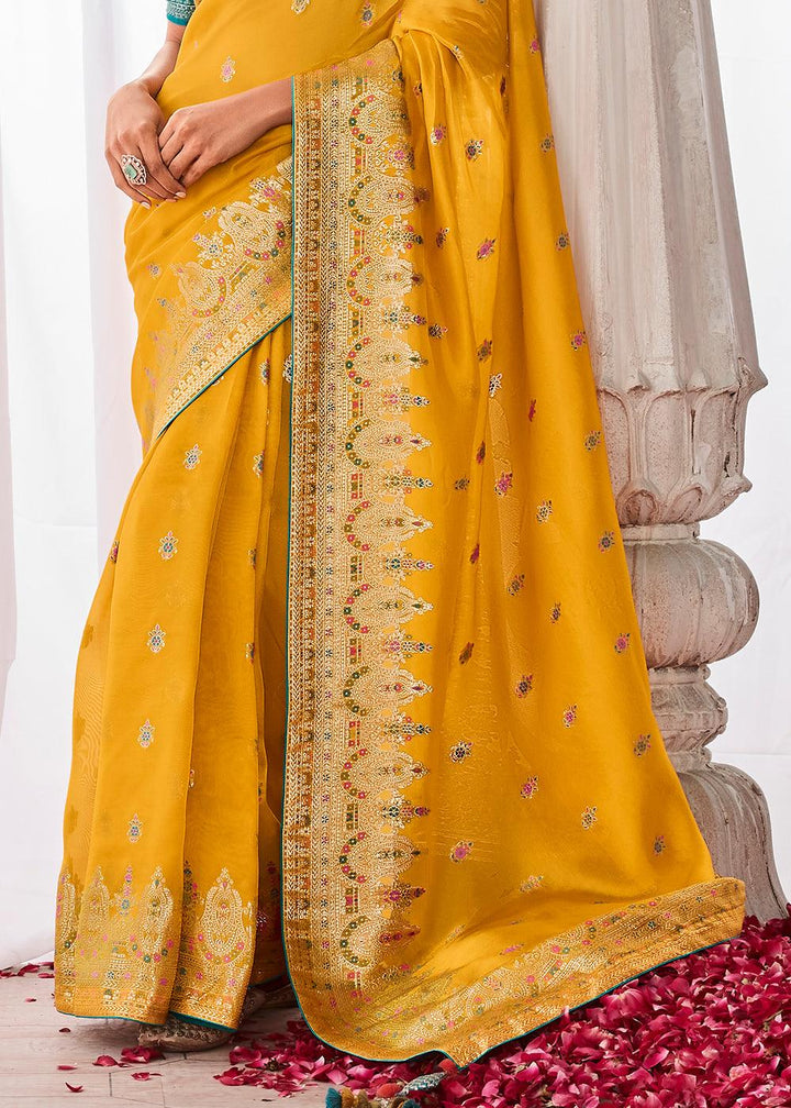 Saffron Yellow Kora Silk Saree with Meenakari Pallu & Designer Blouse - qivii