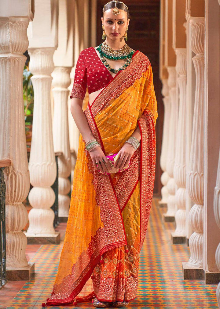 Saffron Yellow Leheriya Printed Georgette Saree | Stitched Blouse - qivii