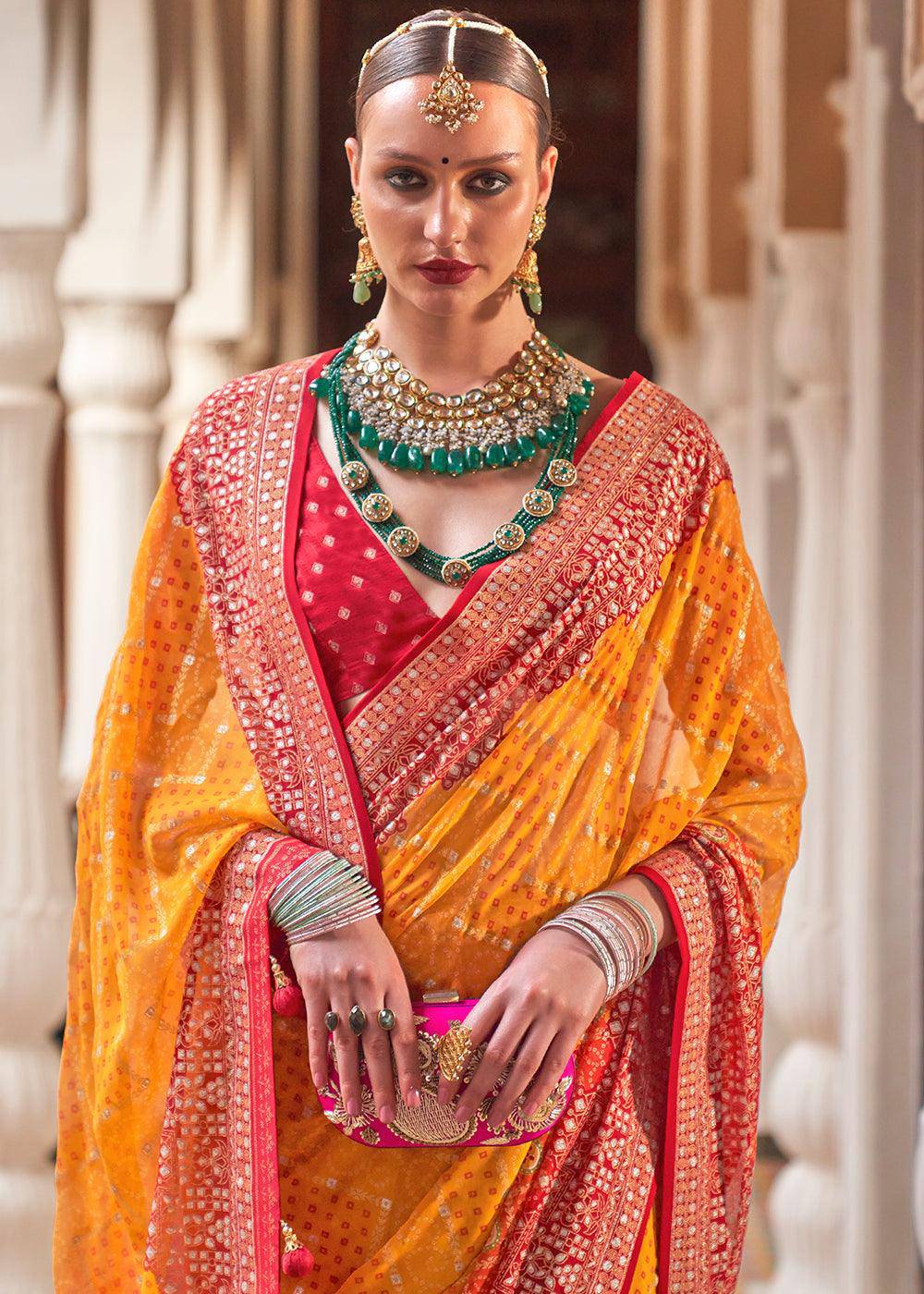 Saffron Yellow Leheriya Printed Georgette Saree | Stitched Blouse - qivii