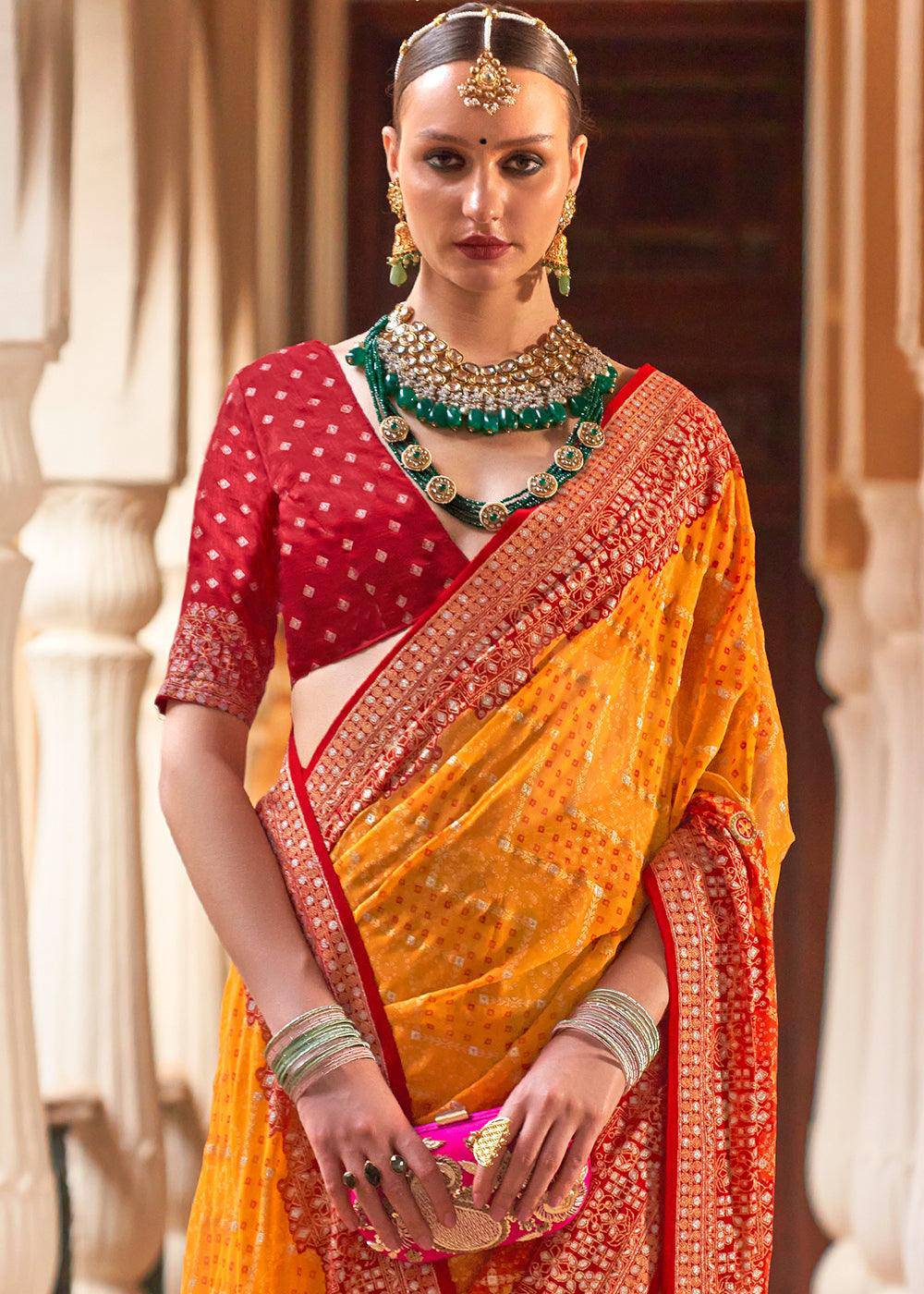 Saffron Yellow Leheriya Printed Georgette Saree | Stitched Blouse - qivii