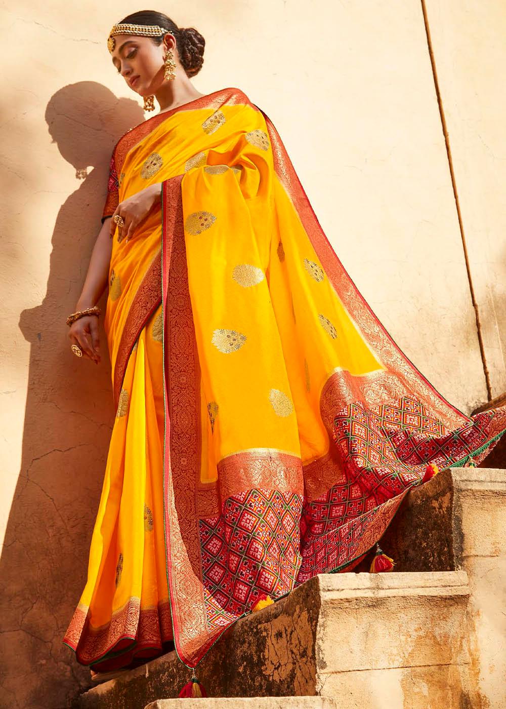 Saffron Yellow Woven Banarasi Patola Silk Saree with Embroidered Blouse | Stitched Blouse - qivii