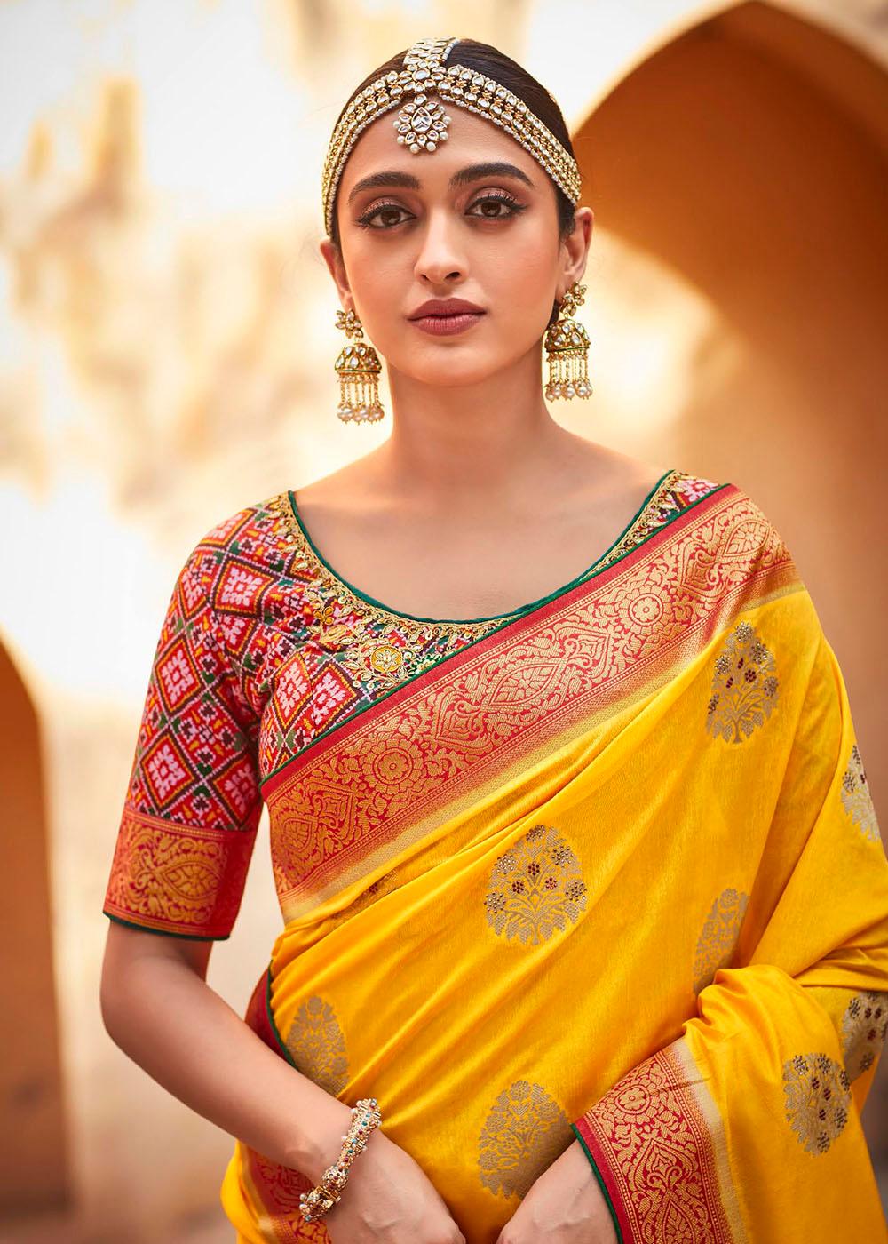 Saffron Yellow Woven Banarasi Patola Silk Saree with Embroidered Blouse | Stitched Blouse - qivii