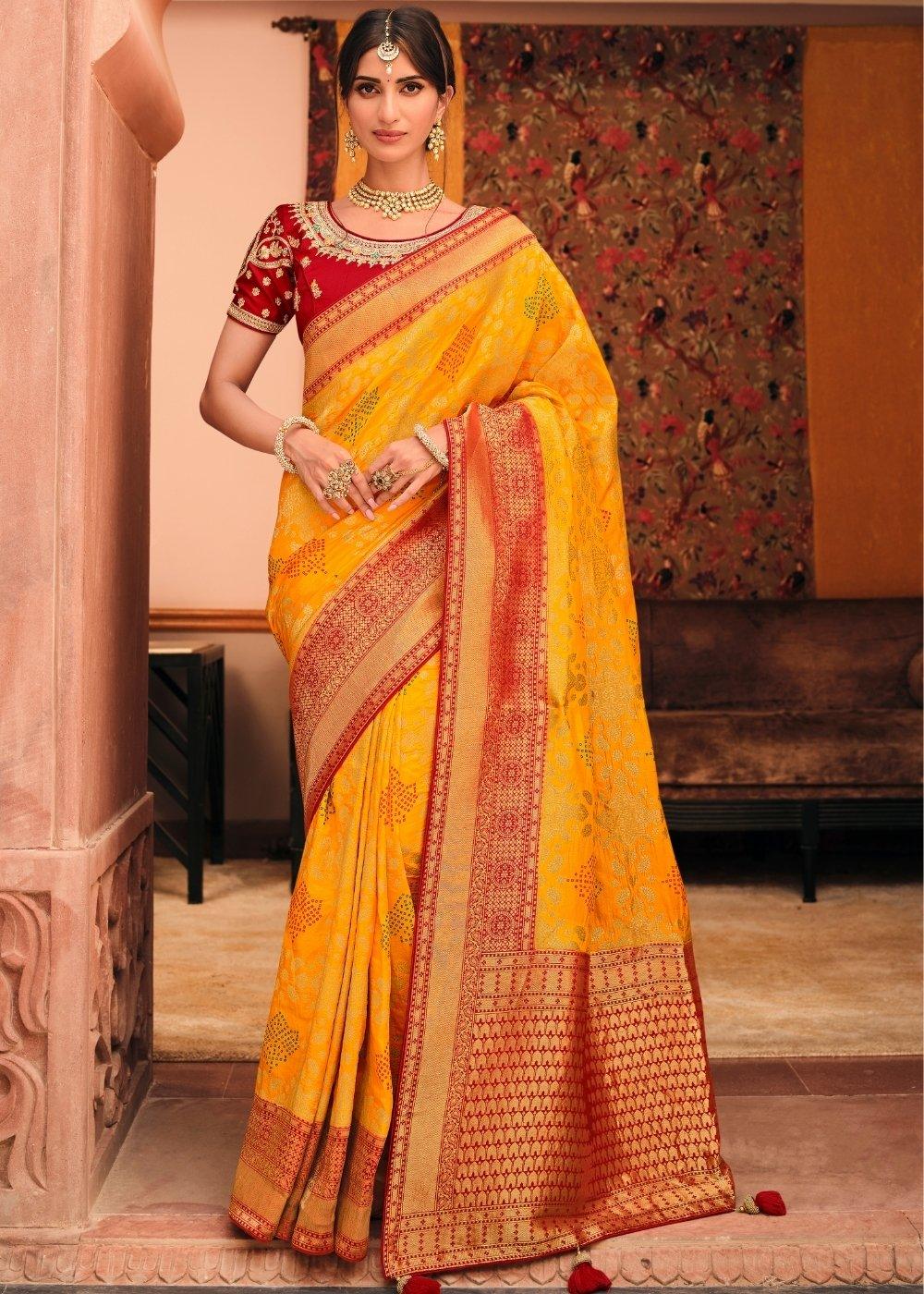 Saffron Yellow Woven Banarasi Silk Saree with Embroidered Blouse | Stitched Blouse - qivii