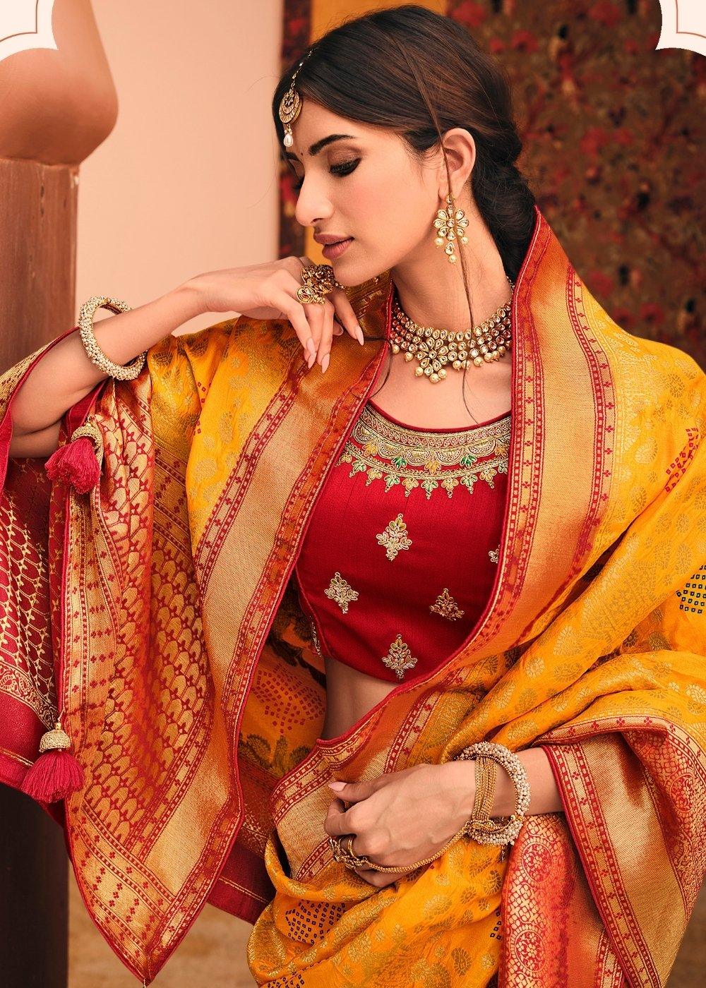 Saffron Yellow Woven Banarasi Silk Saree with Embroidered Blouse | Stitched Blouse - qivii