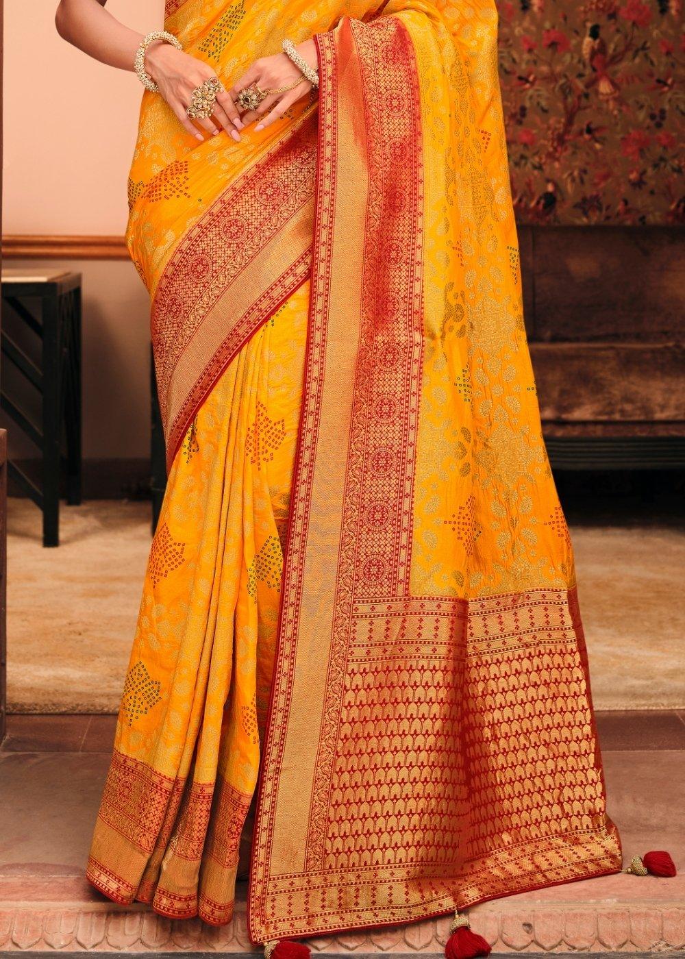 Saffron Yellow Woven Banarasi Silk Saree with Embroidered Blouse | Stitched Blouse - qivii