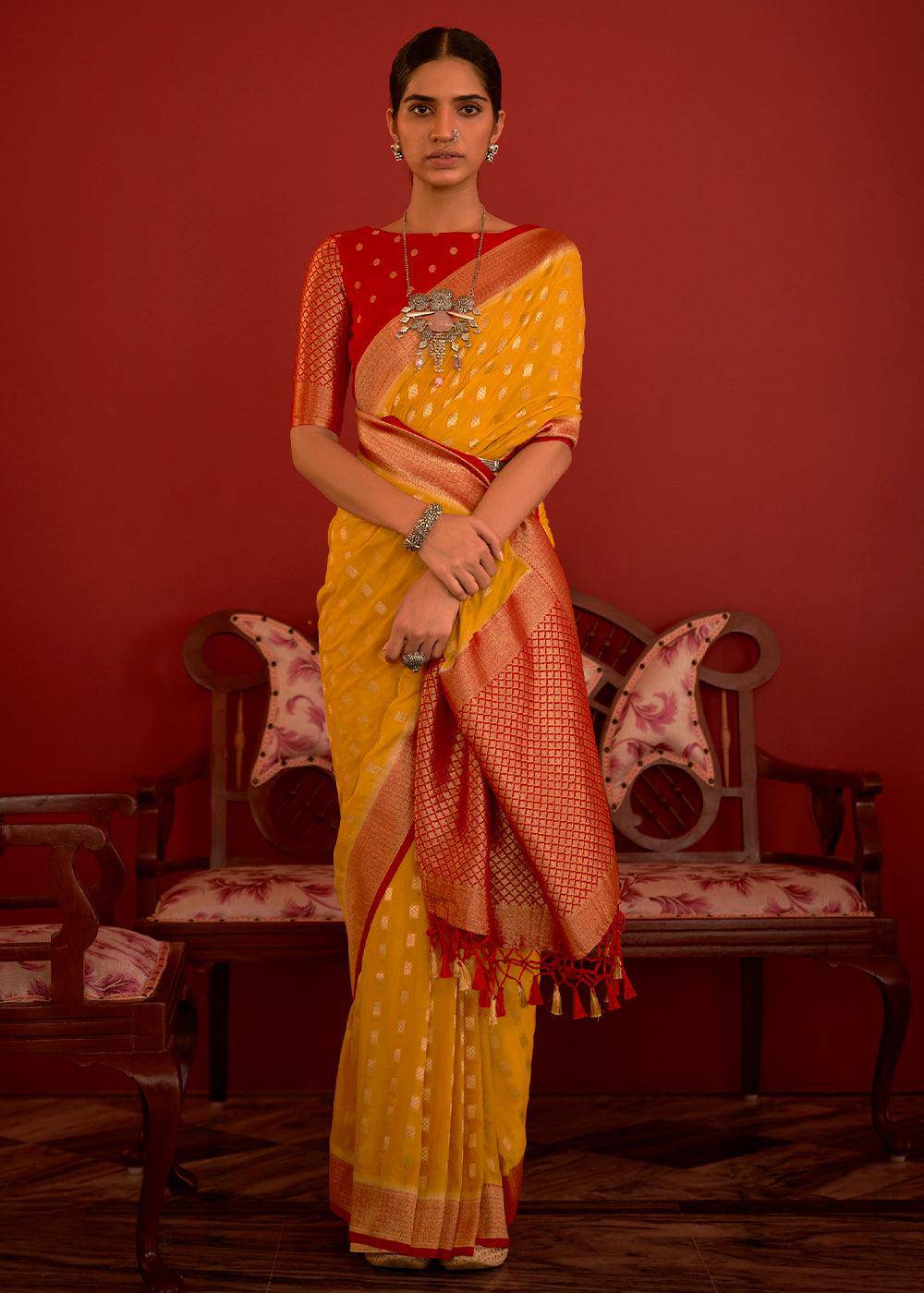 Saffron Yellow Zari Woven Georgette Saree with Contrast Border & Blouse | Stitched Blouse - qivii