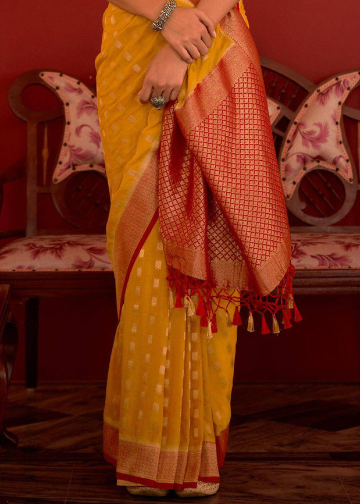 Saffron Yellow Zari Woven Georgette Saree with Contrast Border & Blouse | Stitched Blouse - qivii