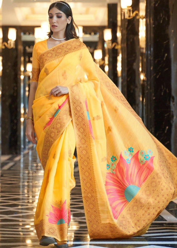 Saffron Yellow Zari Woven Linen Silk Saree | Stitched Blouse - qivii