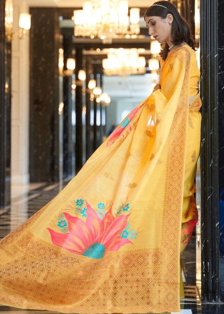 Saffron Yellow Zari Woven Linen Silk Saree | Stitched Blouse - qivii