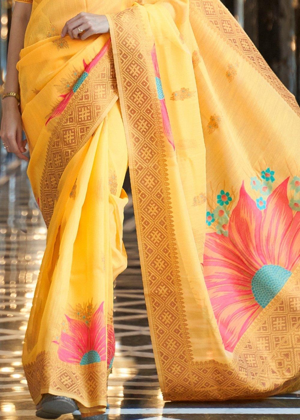 Saffron Yellow Zari Woven Linen Silk Saree | Stitched Blouse - qivii