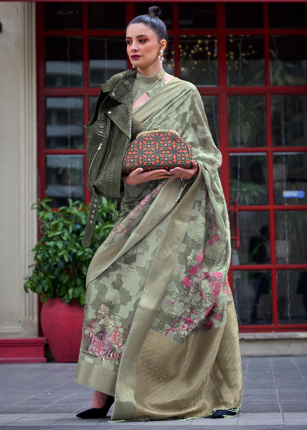 Sage Green Printed Soft Silk Saree - qivii