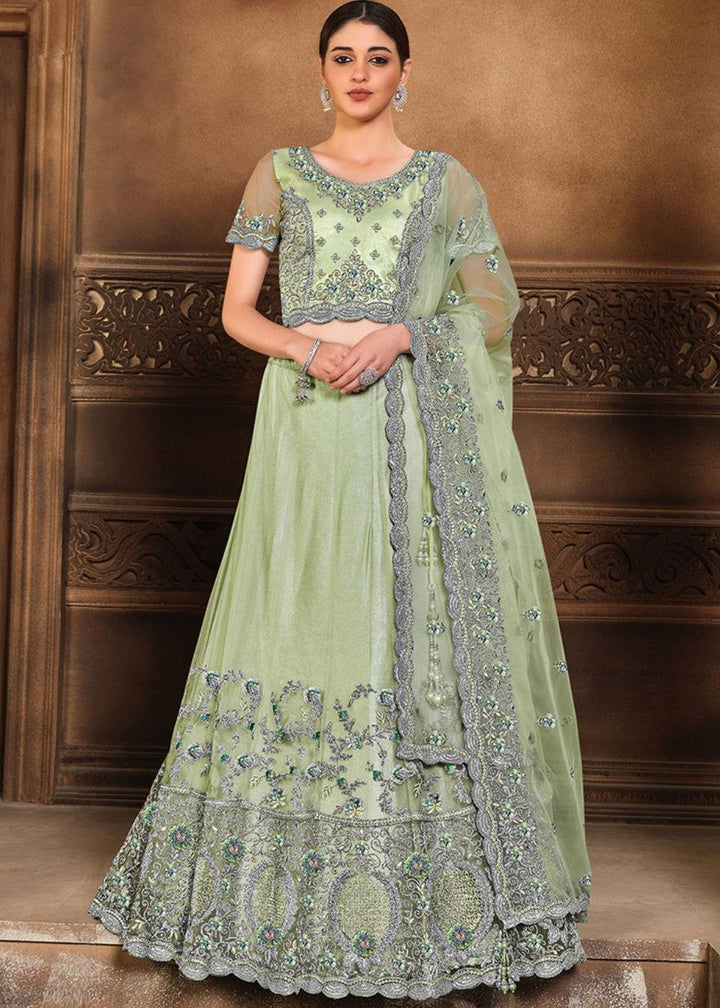 Sage Green Satin Silk & Net Lehenga Choli with Zari, Resham & Sequins work - qivii