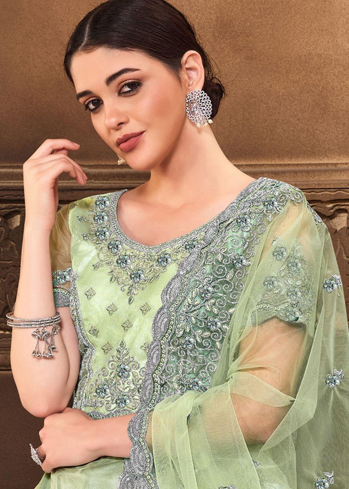 Sage Green Satin Silk & Net Lehenga Choli with Zari, Resham & Sequins work - qivii