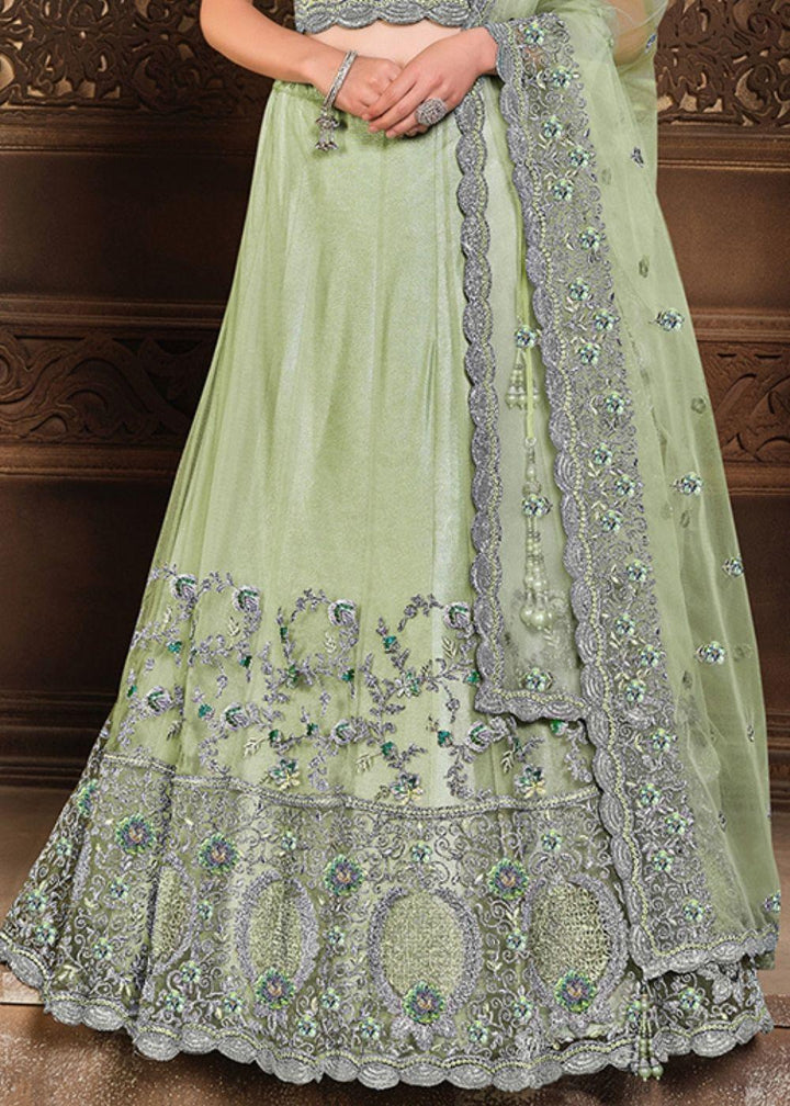 Sage Green Satin Silk & Net Lehenga Choli with Zari, Resham & Sequins work - qivii