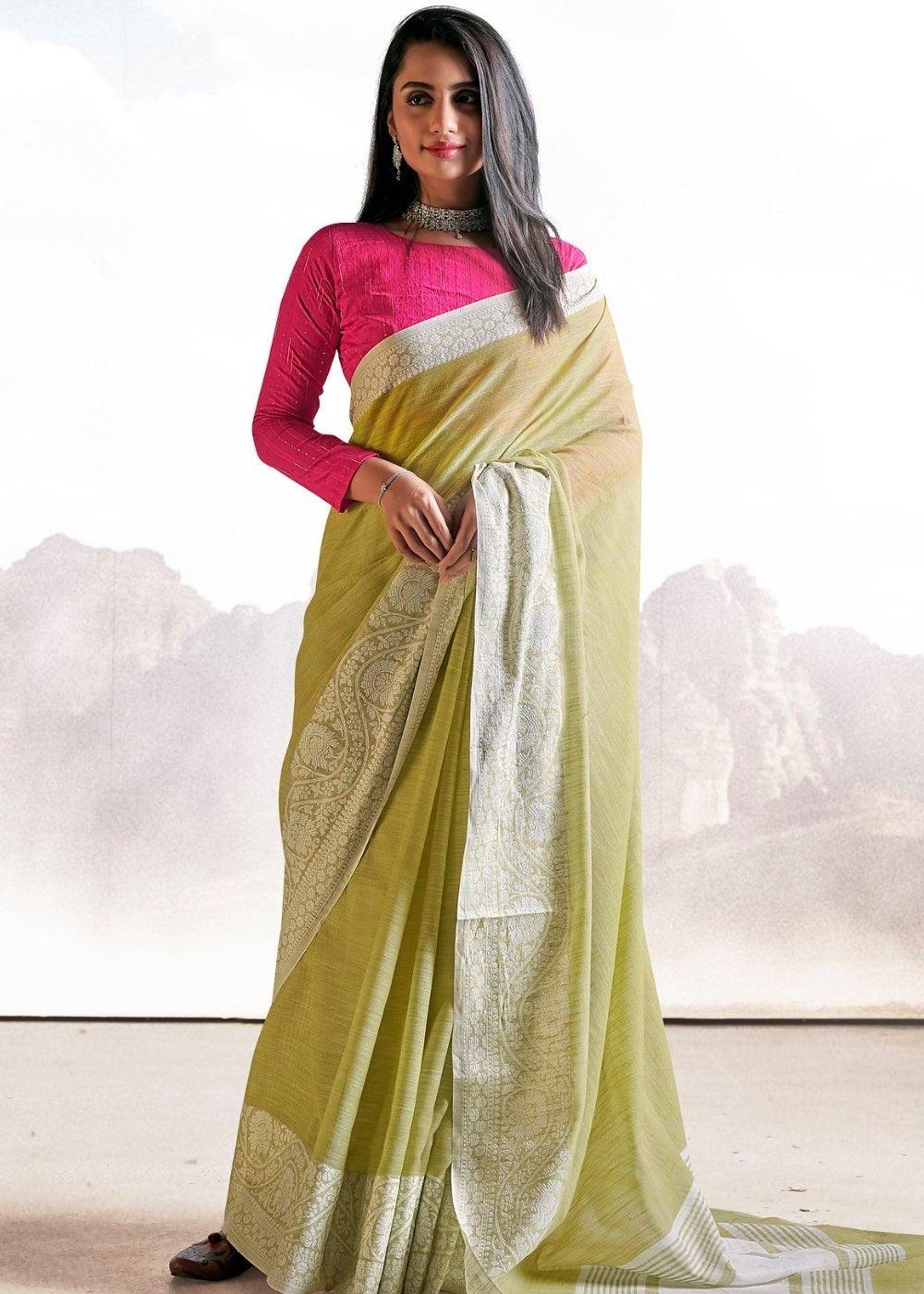 Sage Green Soft Linen Silk Saree with Lucknowi work and Sequence Blouse | Stitched Blouse - qivii