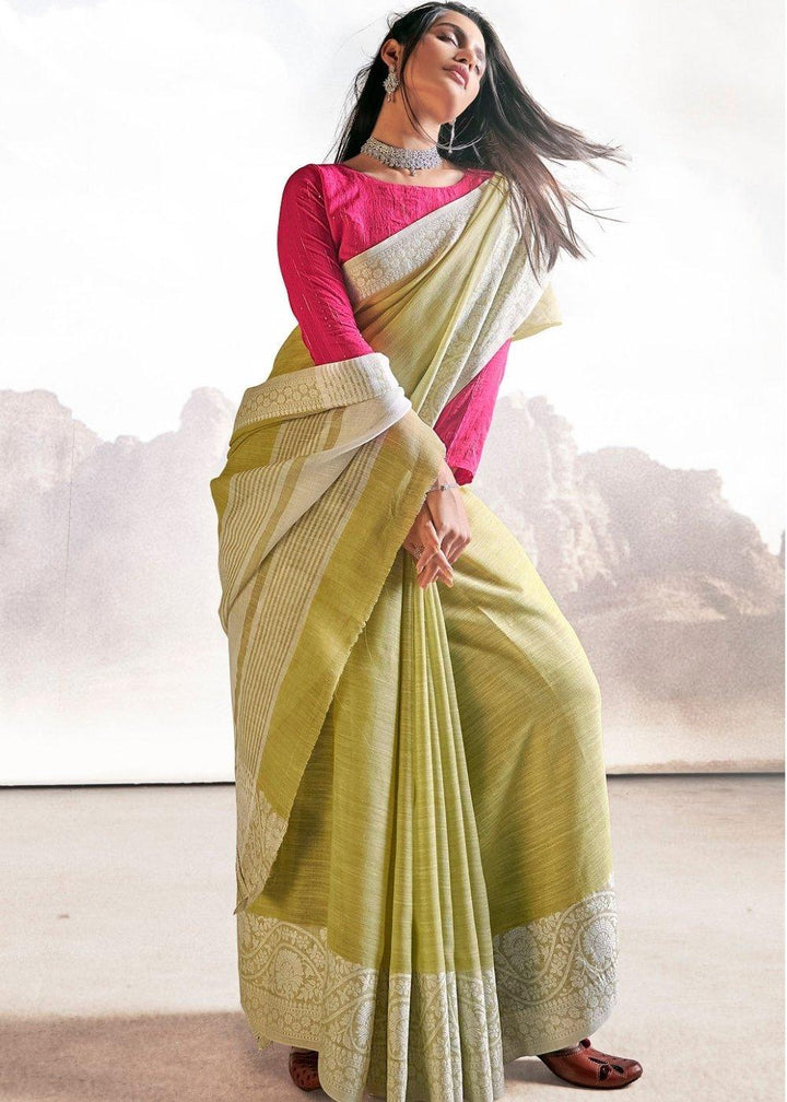 Sage Green Soft Linen Silk Saree with Lucknowi work and Sequence Blouse | Stitched Blouse - qivii