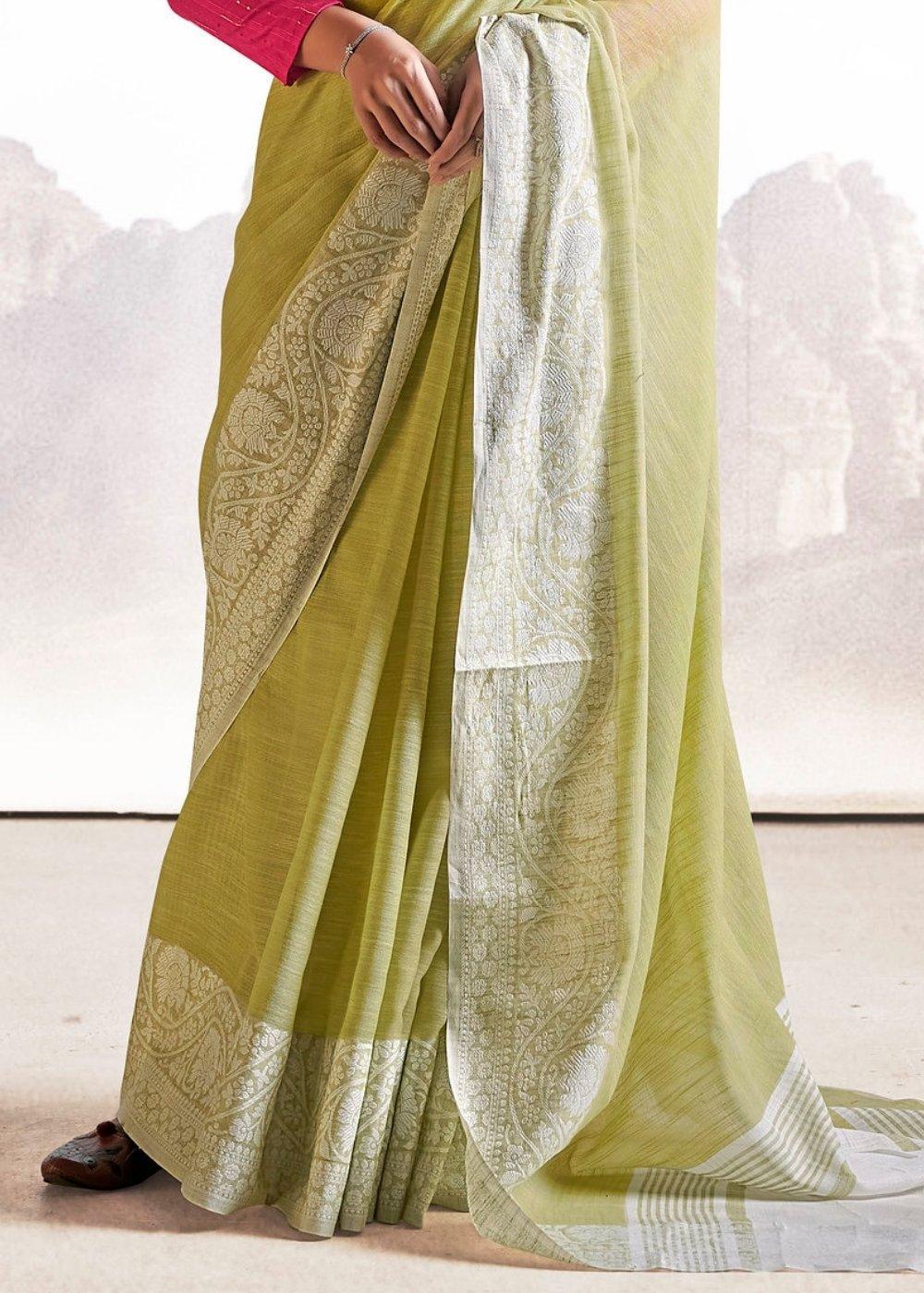 Sage Green Soft Linen Silk Saree with Lucknowi work and Sequence Blouse | Stitched Blouse - qivii