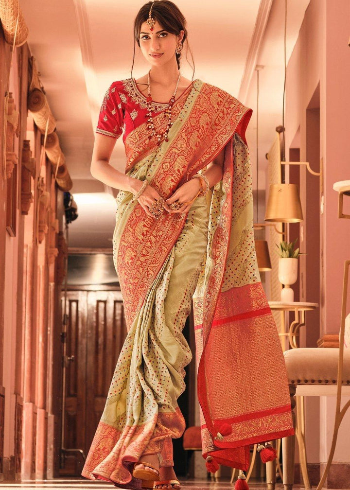 Sage Green Woven Banarasi Silk Saree with Embroidered Blouse | Stitched Blouse - qivii