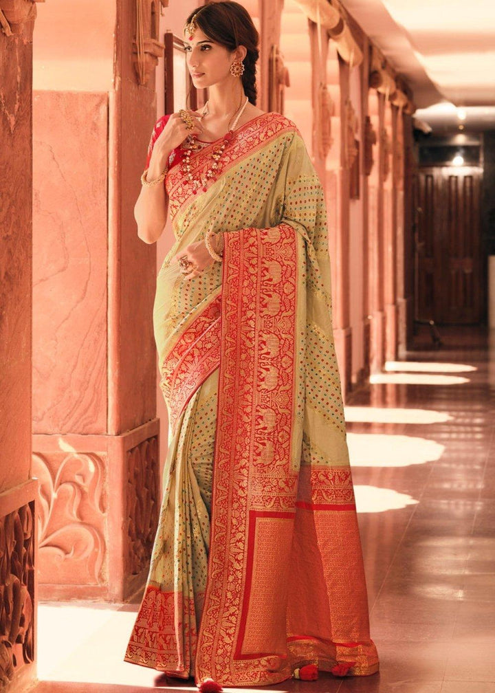 Sage Green Woven Banarasi Silk Saree with Embroidered Blouse | Stitched Blouse - qivii