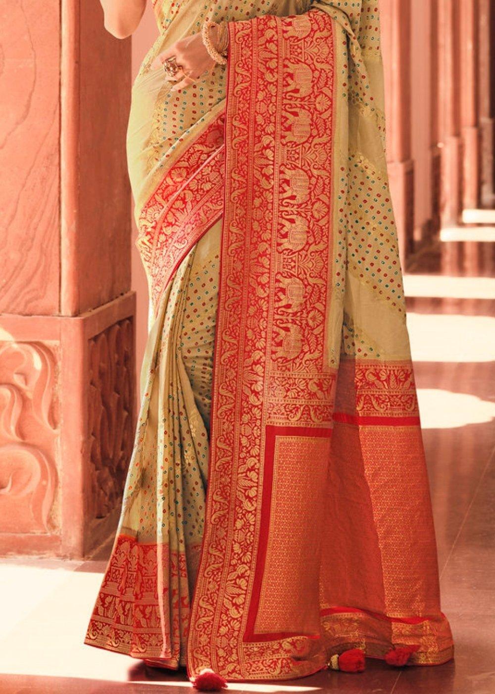 Sage Green Woven Banarasi Silk Saree with Embroidered Blouse | Stitched Blouse - qivii